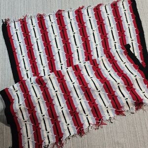 Vintage 70s Afghan Throw Wool Blend Crochet Geometric Striped Fringed Blanket